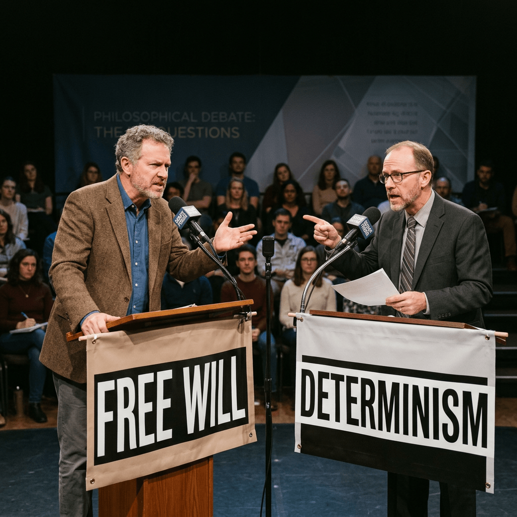 Two men debating free will and determinism at podiums with audience behind them