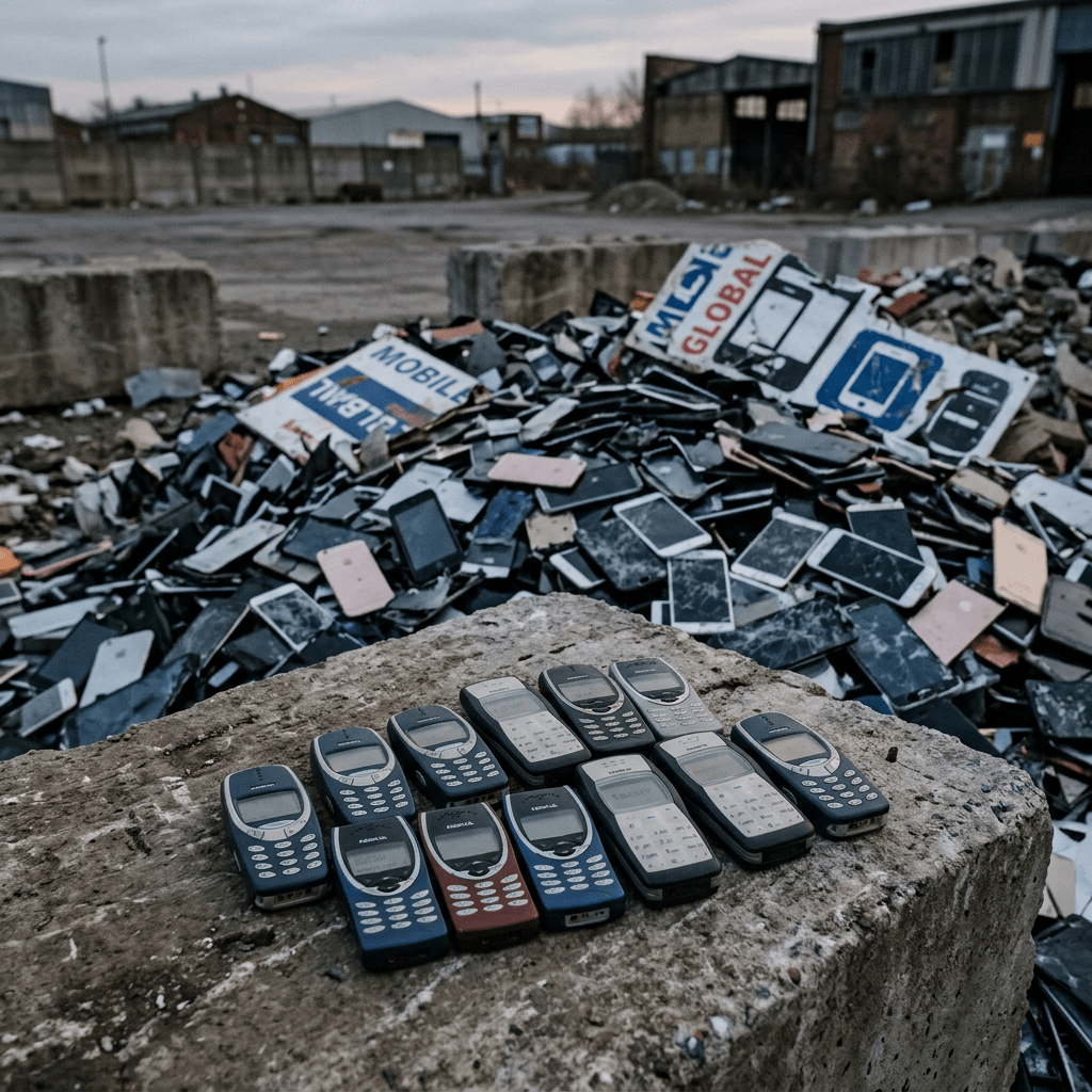 Several old mobile phones arranged on a concrete block with a large heap of discarded phones in the background