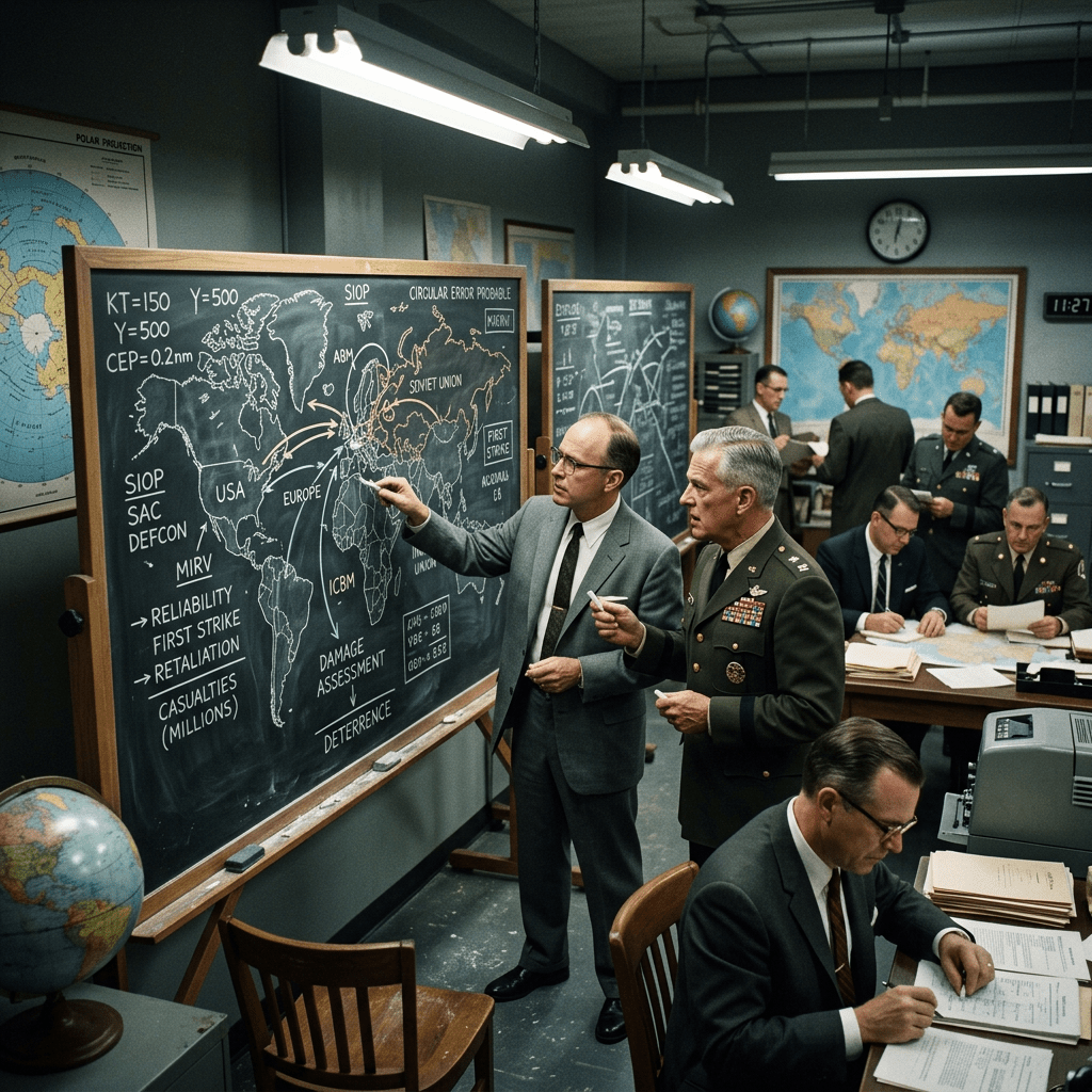 Officials study a chalkboard map labeled USA, Europe, Soviet Union, and nuclear strategy terms