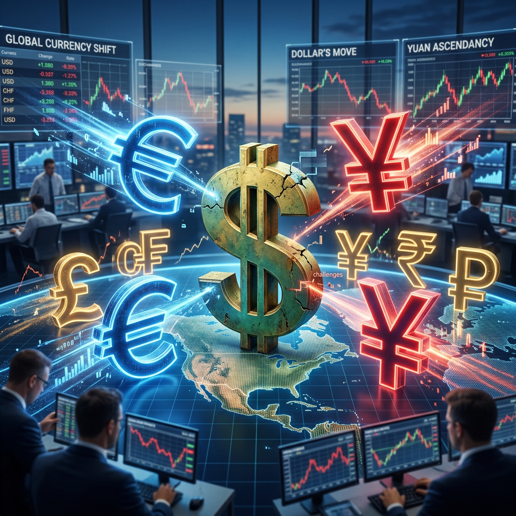 Currency symbols over trading screens showing global exchange market data