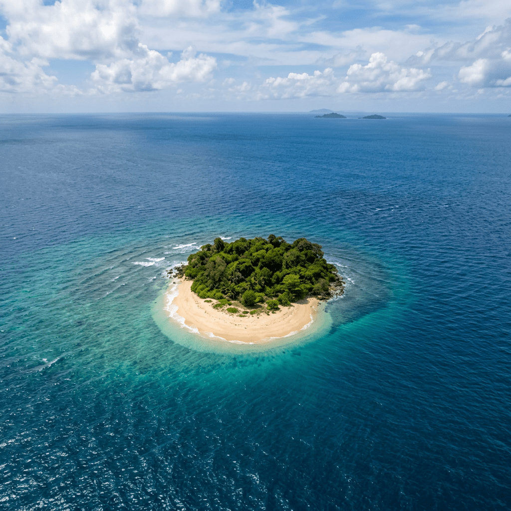 Small forested island surrounded by turquoise ocean and sandy beach
