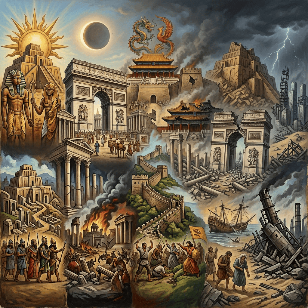 Illustrated historical timeline of civilizations, empires, revolutions, and modern industrialization