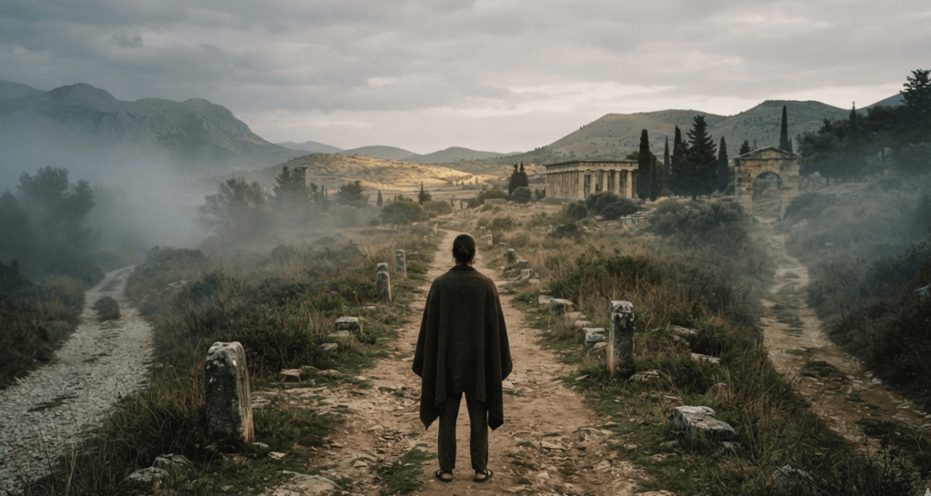 A person standing at a crossroads representing the Stoic idea of control and acceptance