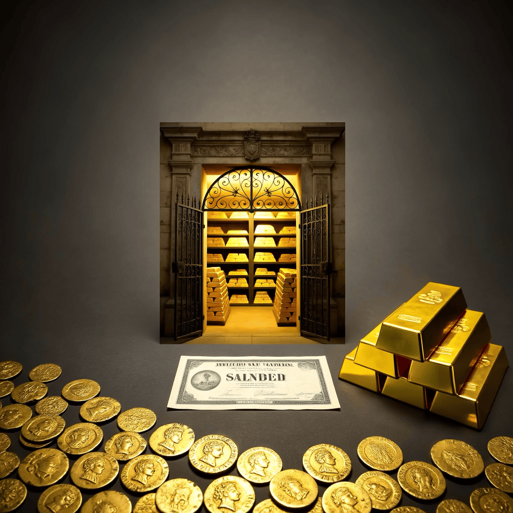 Ancient gold coins, royal treasure, paper money and modern gold bars representing the history of gold as money