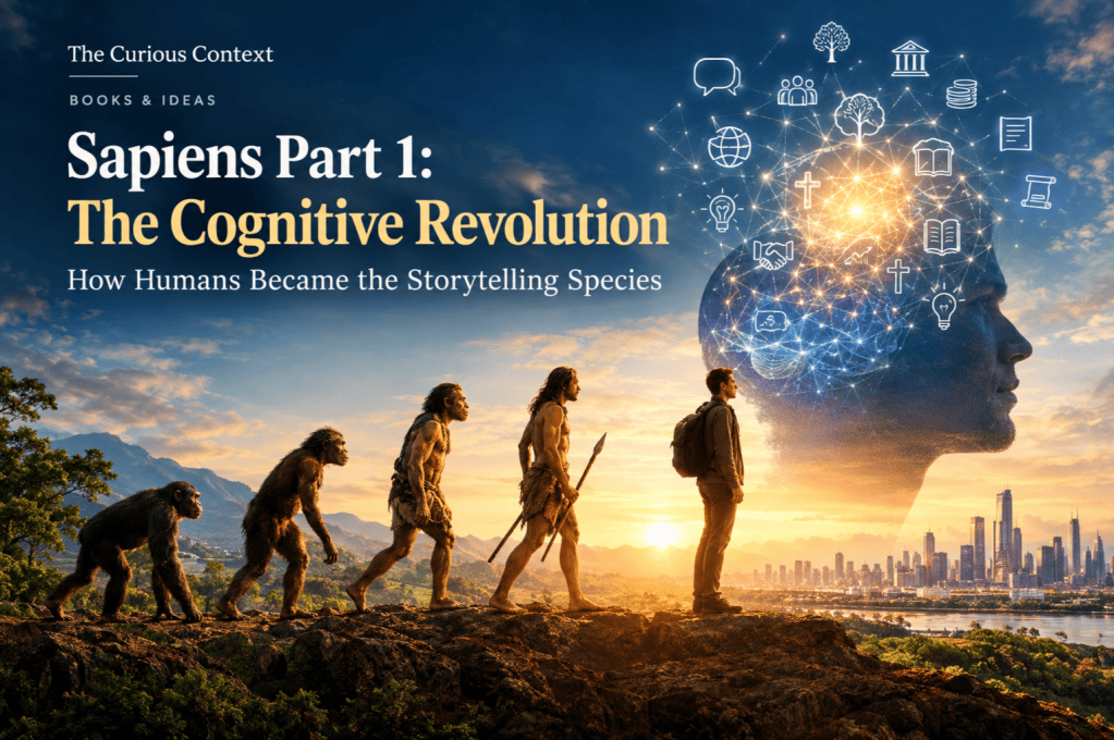 Sapiens Part 1 Cognitive Revolution showing human evolution, storytelling, cooperation and the rise of civilization