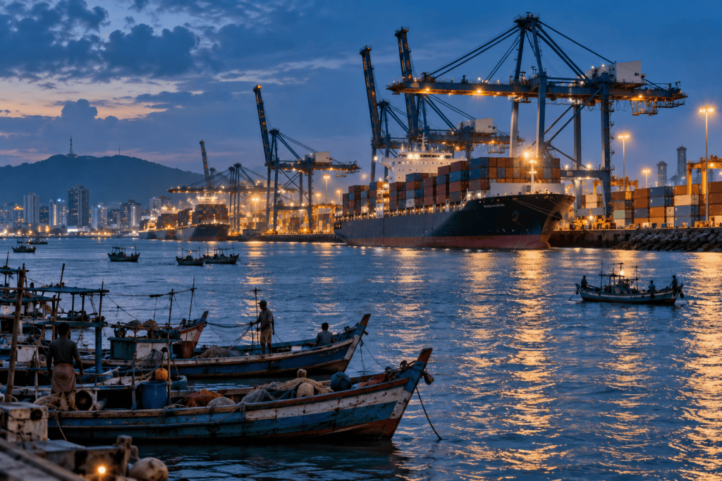 Fishing boats and a container ship share a busy harbor at dusk.