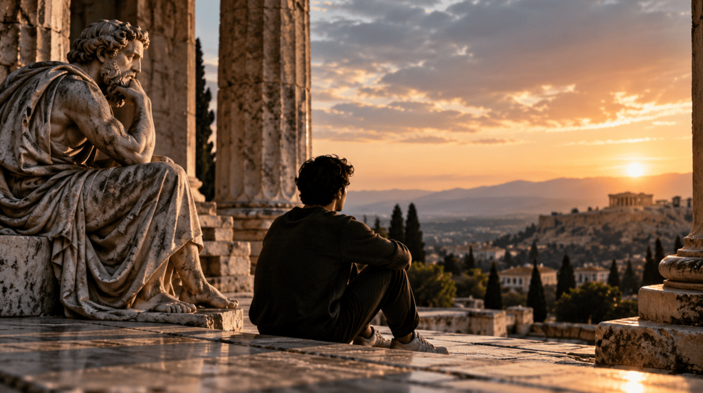 A man reflecting on a stone terrace overlooking an ancient Roman city at sunset, symbolizing Stoic philosophy and inner peace.